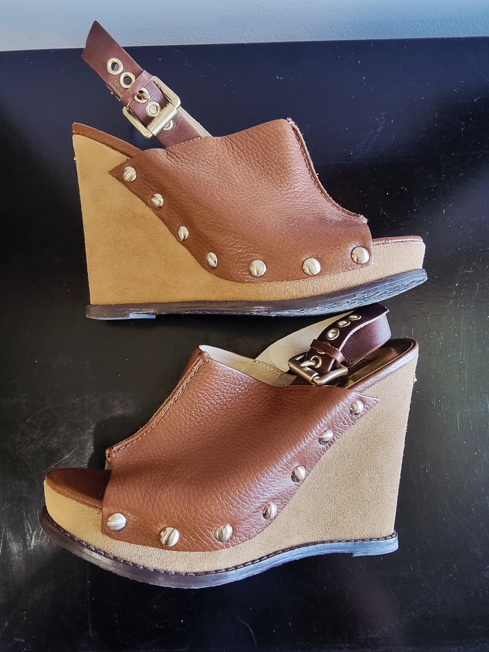 Michael Kors Brown Leather and Suede Wedge Sandals with Stud Accents